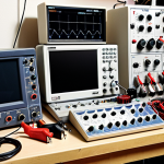 **Prompt:** A well-organized electronics workbench. Multimeter, soldering station, oscilloscope, and various components neatly arranged. Good lighting, clean surface. Focus on functionality and precision.