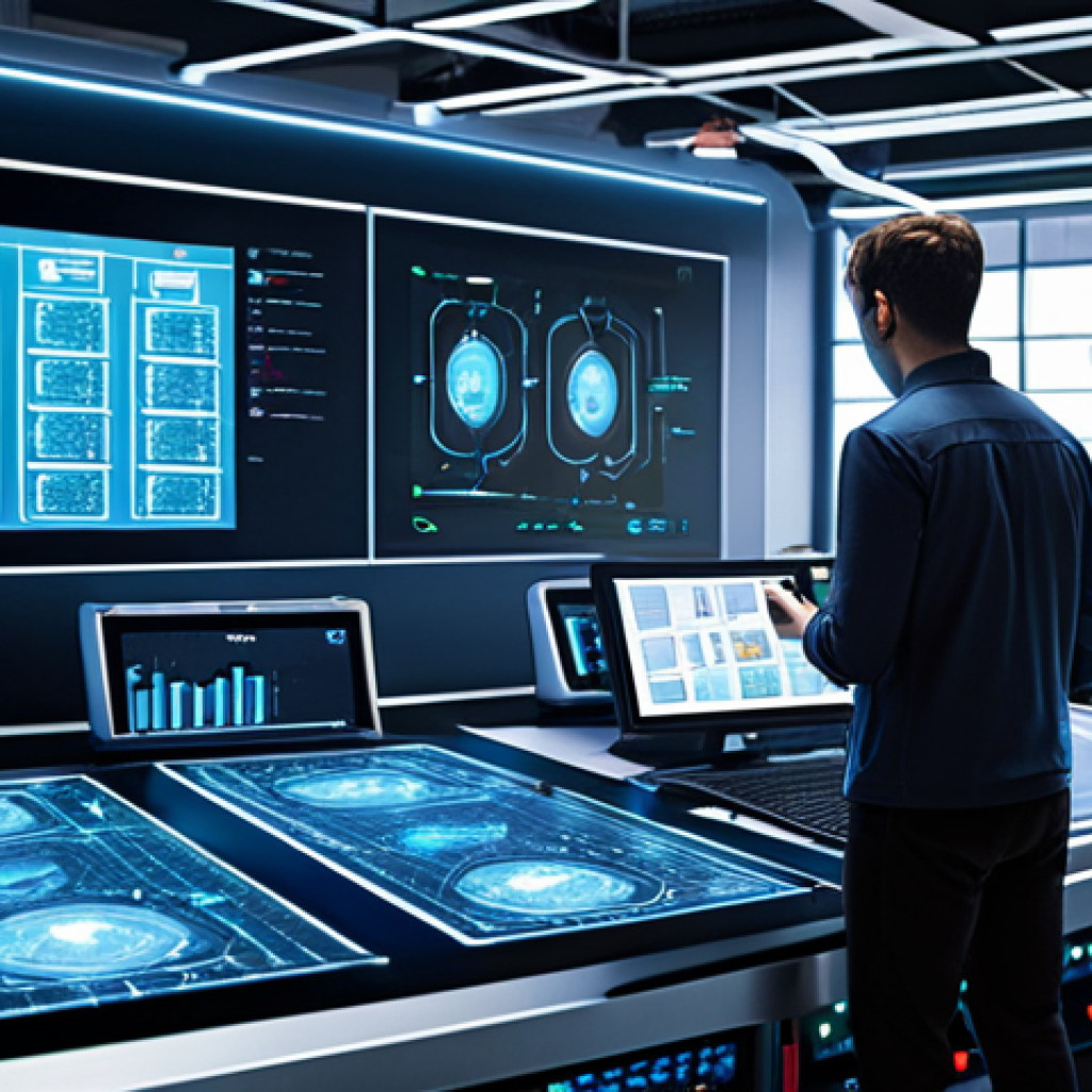 **Prompt:** A futuristic smart factory scene with IoT sensors monitoring machines, data flowing to a cloud server, and engineers analyzing real-time performance metrics on holographic displays. Focus on connectivity, automation, and data-driven insights.