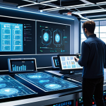 **Prompt:** A futuristic smart factory scene with IoT sensors monitoring machines, data flowing to a cloud server, and engineers analyzing real-time performance metrics on holographic displays. Focus on connectivity, automation, and data-driven insights.