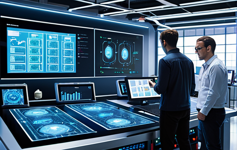 **Prompt:** A futuristic smart factory scene with IoT sensors monitoring machines, data flowing to a cloud server, and engineers analyzing real-time performance metrics on holographic displays. Focus on connectivity, automation, and data-driven insights.