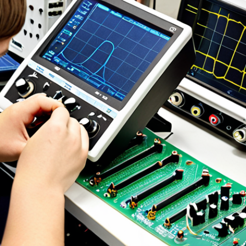 **

A bright, modern electronics lab in Poland. A young engineer is soldering components on a circuit board. An oscilloscope displays a waveform. The lab is well-organized with various tools and components neatly arranged. The overall atmosphere is one of innovation and hands-on learning. Focus on conveying the idea of bridging theory and practice in electronics.

**