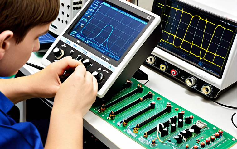 **

A bright, modern electronics lab in Poland. A young engineer is soldering components on a circuit board. An oscilloscope displays a waveform. The lab is well-organized with various tools and components neatly arranged. The overall atmosphere is one of innovation and hands-on learning. Focus on conveying the idea of bridging theory and practice in electronics.

**