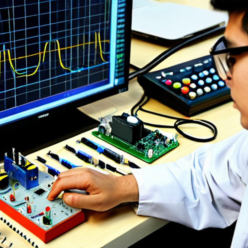 A focused male electronics student, wearing a modest lab coat over professional attire, meticulously working on a breadboard circuit. He is surrounded by basic electronic components like resistors, capacitors, and a digital multimeter displaying readings. An oscilloscope in the background shows a clear waveform. The setting is a well-lit, organized electronics lab, emphasizing hands-on learning and fundamental concepts. safe for work, appropriate content, fully clothed, professional, perfect anatomy, correct proportions, natural pose, well-formed hands, proper finger count, natural body proportions, high quality, professional photography.