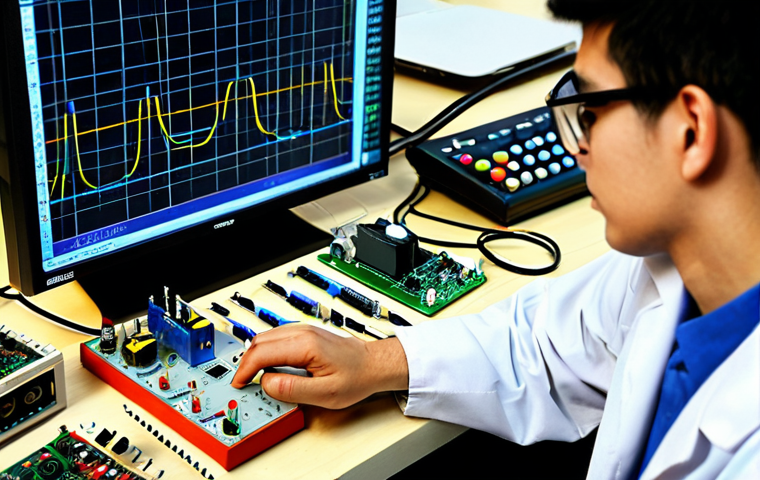 A focused male electronics student, wearing a modest lab coat over professional attire, meticulously working on a breadboard circuit. He is surrounded by basic electronic components like resistors, capacitors, and a digital multimeter displaying readings. An oscilloscope in the background shows a clear waveform. The setting is a well-lit, organized electronics lab, emphasizing hands-on learning and fundamental concepts. safe for work, appropriate content, fully clothed, professional, perfect anatomy, correct proportions, natural pose, well-formed hands, proper finger count, natural body proportions, high quality, professional photography.
