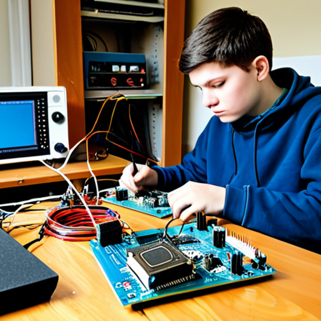 On the left, a young, aspiring Polish electronics student, fully clothed in comfortable but modest attire, is intently working on a hobby project. The scene shows a desk cluttered with Arduino boards, wires, a soldering iron, and a multimeter, depicting hands-on learning and experimentation in a home lab setting.