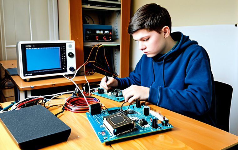 On the left, a young, aspiring Polish electronics student, fully clothed in comfortable but modest attire, is intently working on a hobby project. The scene shows a desk cluttered with Arduino boards, wires, a soldering iron, and a multimeter, depicting hands-on learning and experimentation in a home lab setting.