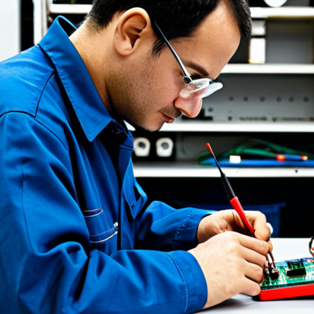 **

"A skilled electronics technician in a well-lit workshop, fully clothed in appropriate work attire, carefully diagnosing a circuit board with a multimeter, safe for work, perfect anatomy, correct proportions, professional setting, high quality, appropriate content, professional, modest clothing, focusing on the task at hand, organized workbench in the background."

**