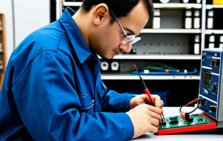 **
"A skilled electronics technician in a well-lit workshop, fully clothed in appropriate work attire, carefully diagnosing a circuit board with a multimeter, safe for work, perfect anatomy, correct proportions, professional setting, high quality, appropriate content, professional, modest clothing, focusing on the task at hand, organized workbench in the background."
**