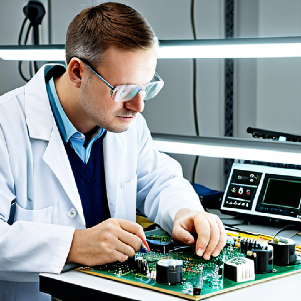 **

"A professional electronics technician in a clean and organized workshop in Poland, wearing a lab coat and safety glasses, fully clothed, working on a complex circuit board with various components. Focus on precision soldering under a bright task light. In the background, quality tools and equipment are neatly arranged. Safe for work, appropriate content, professional, perfect anatomy, natural proportions, high-resolution, realistic lighting, family-friendly."

**