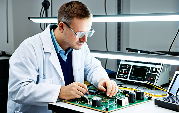 **
"A professional electronics technician in a clean and organized workshop in Poland, wearing a lab coat and safety glasses, fully clothed, working on a complex circuit board with various components. Focus on precision soldering under a bright task light. In the background, quality tools and equipment are neatly arranged. Safe for work, appropriate content, professional, perfect anatomy, natural proportions, high-resolution, realistic lighting, family-friendly."
**