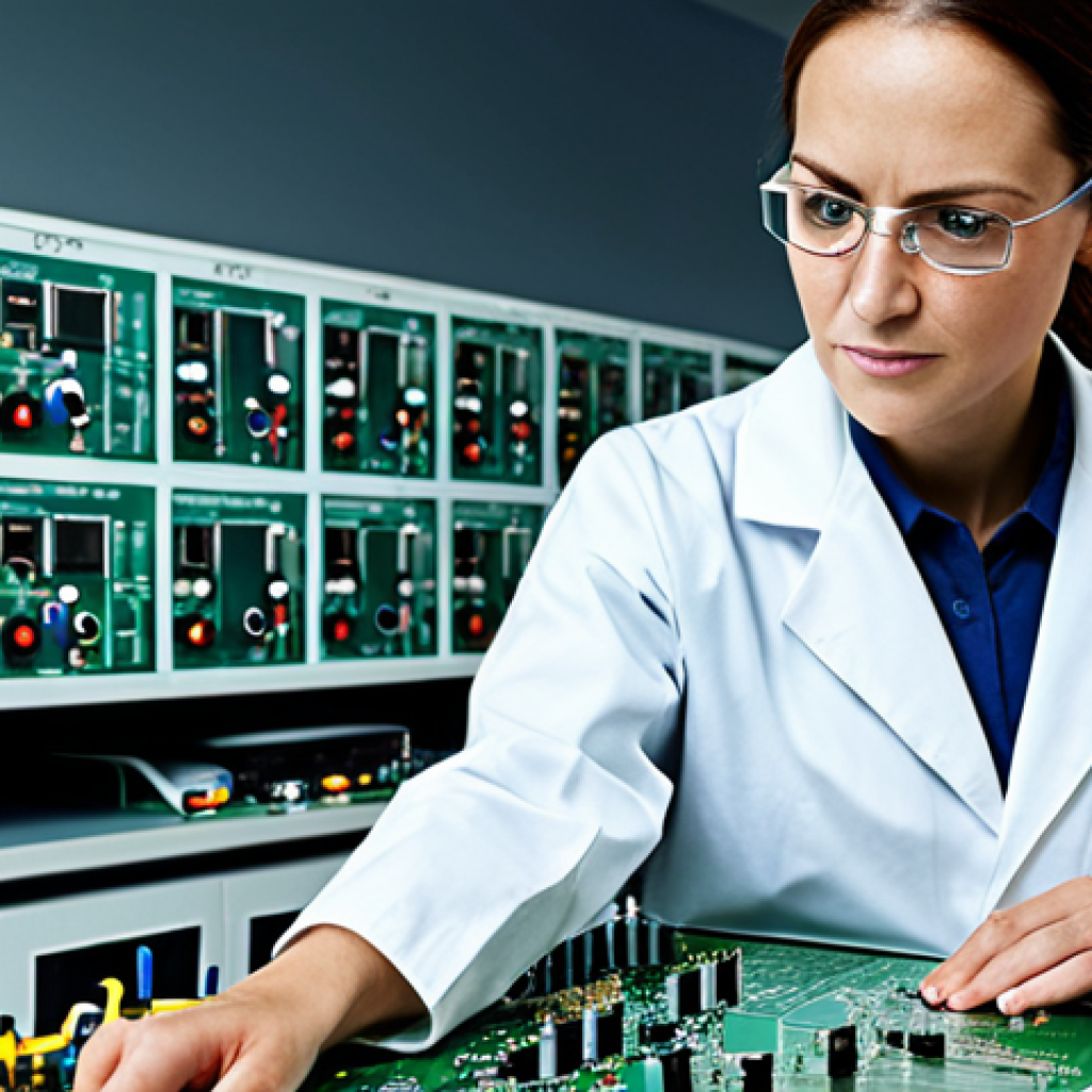 **

A fully clothed, professional female electrical technician wearing a lab coat and safety glasses, working on a circuit board in a well-lit electronics lab, appropriate attire, safe for work, perfect anatomy, natural proportions, professional photography, high quality, family-friendly.

**