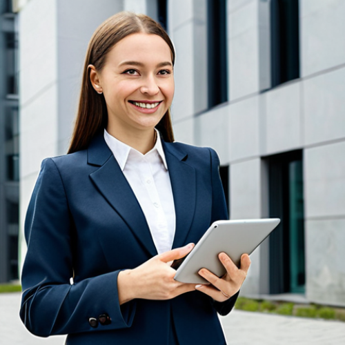Home 19 **
A professional businesswoman in a tailored, fully-clothed business suit (skirt and blazer), standing confidently in front of a modern Warsaw office building. She is holding a tablet and smiling slightly. The scene is daytime, bright and professional. Perfect anatomy, correct proportions, natural pose, well-formed hands, proper finger count, natural body proportions. Safe for work, appropriate content, fully clothed, professional, modest.
**