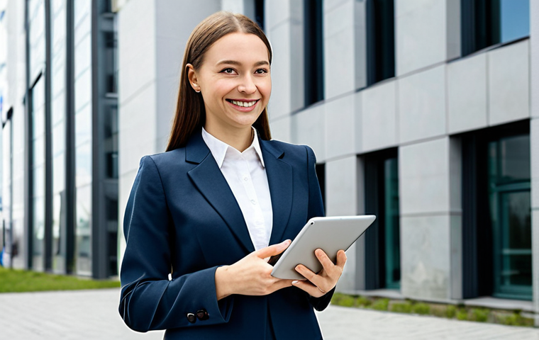 **
A professional businesswoman in a tailored, fully-clothed business suit (skirt and blazer), standing confidently in front of a modern Warsaw office building. She is holding a tablet and smiling slightly. The scene is daytime, bright and professional. Perfect anatomy, correct proportions, natural pose, well-formed hands, proper finger count, natural body proportions. Safe for work, appropriate content, fully clothed, professional, modest.
**