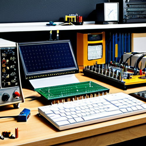 Home 18 Electronics Hobbyist Workbench**
"A professional-looking and organized electronics workbench in a well-lit room. The scene includes various components like resistors, capacitors, a breadboard, a multimeter, and a soldering iron. A fully clothed adult is carefully working on a circuit board. The overall style is clean and technical, emphasizing precision and attention to detail. safe for work, appropriate content, fully clothed, professional, perfect anatomy, natural proportions, realistic rendering, high resolution."
**