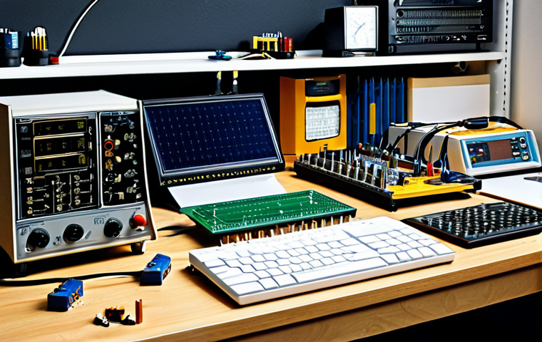 Electronics Hobbyist Workbench**
"A professional-looking and organized electronics workbench in a well-lit room. The scene includes various components like resistors, capacitors, a breadboard, a multimeter, and a soldering iron. A fully clothed adult is carefully working on a circuit board. The overall style is clean and technical, emphasizing precision and attention to detail. safe for work, appropriate content, fully clothed, professional, perfect anatomy, natural proportions, realistic rendering, high resolution."
**