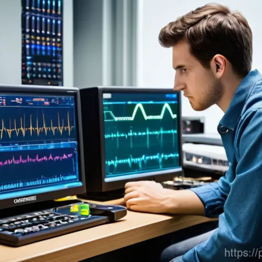 전자기술사 관련 실무 도구 소개 - **Prompt 1: Modern Digital Oscilloscope Analysis**
    "A young, focused engineer, wearing a clean, ...