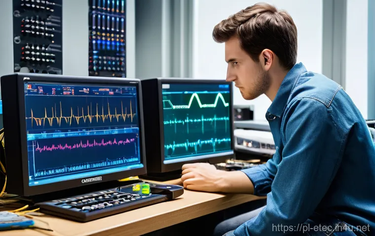 전자기술사 관련 실무 도구 소개 - **Prompt 1: Modern Digital Oscilloscope Analysis**
    "A young, focused engineer, wearing a clean, ...