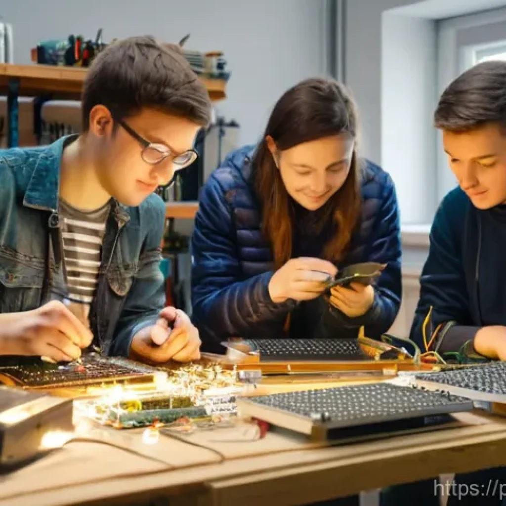 전자기술사 학습 모임 성공 사례 - **Prompt:** A diverse group of young Polish electronics enthusiasts, including both male and female ...