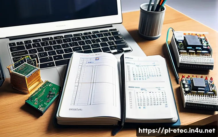 전자기술사 업무일기 작성법 - A detailed workspace scene of a Polish electronics engineer’s desk featuring a neatly organized pape...