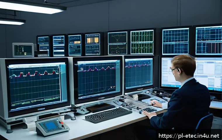 전자기술사 이론과 실제의 차이점 - A detailed engineering laboratory scene showing a variety of electromagnetic testing equipment inclu...