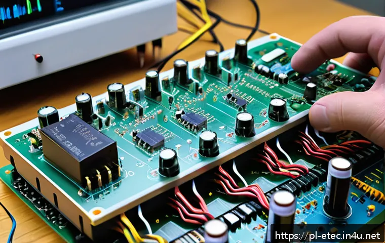 전자기술사와 기술적 사고력 키우는 방법 - A detailed and realistic close-up of an electronics workspace featuring hands assembling a basic amp...