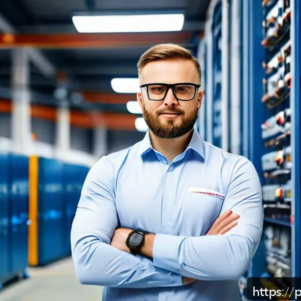 전자기술사 자격 취득의 장점 - A confident Polish electrical engineer in professional attire, wearing a branded company shirt and s...