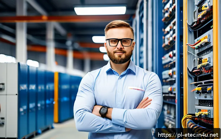 전자기술사 자격 취득의 장점 - A confident Polish electrical engineer in professional attire, wearing a branded company shirt and s...