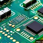 Home 22 전자기술사 관련 전자회로 설계 사례 - A detailed close-up of a modern embedded system PCB layout, showcasing power management components s...