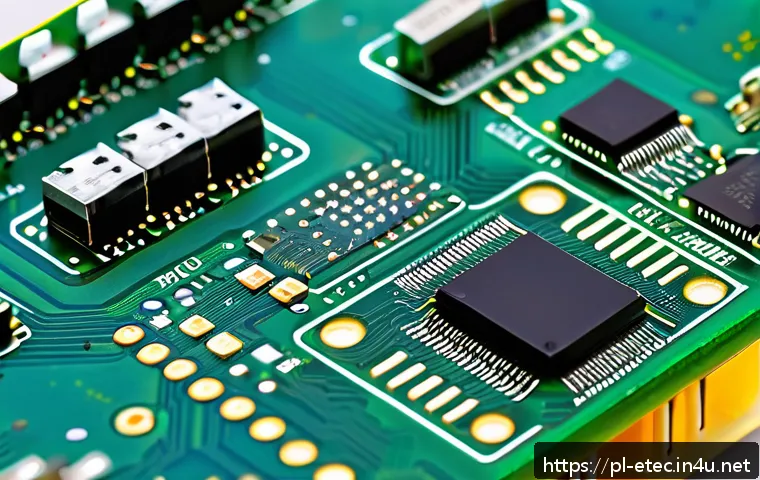 전자기술사 관련 전자회로 설계 사례 - A detailed close-up of a modern embedded system PCB layout, showcasing power management components s...