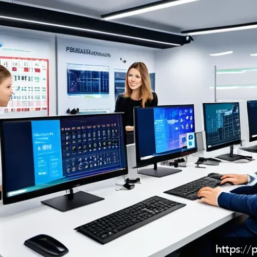 Home 33 전자기술사 연봉협상 전략 - A modern electronics engineering office environment in Poland, showing a diverse group of profession...