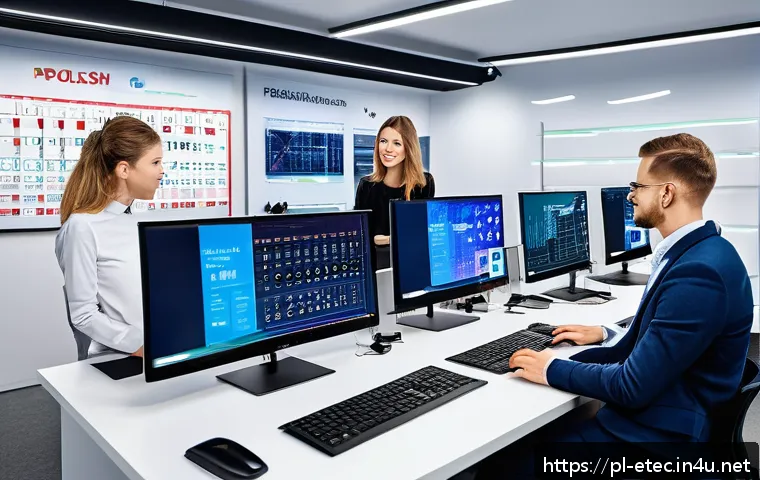 전자기술사 연봉협상 전략 - A modern electronics engineering office environment in Poland, showing a diverse group of profession...