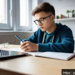 Home 19 전자기술사 필기시험 마무리 학습 팁 - A focused young adult student studying electronics at a tidy desk in a cozy, well-lit room with natu...
