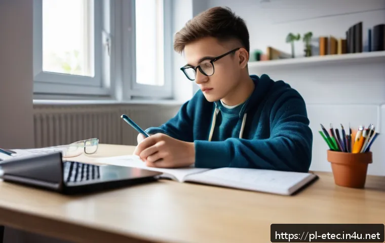 전자기술사 필기시험 마무리 학습 팁 - A focused young adult student studying electronics at a tidy desk in a cozy, well-lit room with natu...