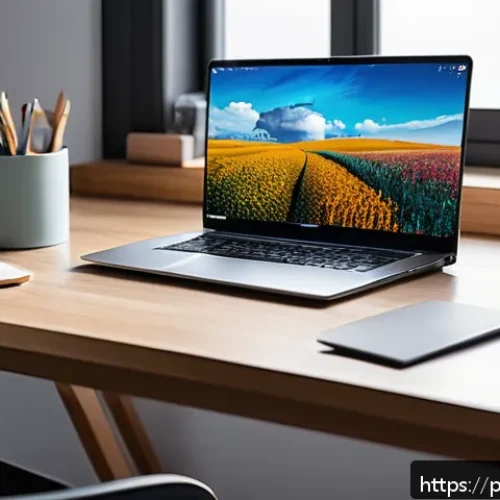 Home 30 전자기술사와 전자장비 유지보수 사례 연구 - A modern home office scene showcasing a sleek laptop on a desk with a cooling pad underneath, emphas...